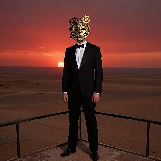Photograph of a man in a black suit with a clock gear mask, standing on a desert rooftop at sunset.