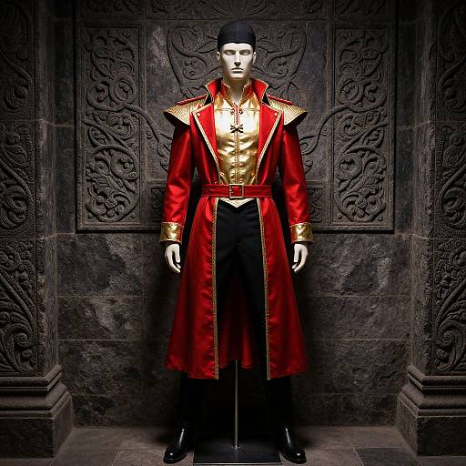 Photograph of a white mannequin in a detailed red and gold Victorian-style coat with black pants and a black cap, standing against an intricately