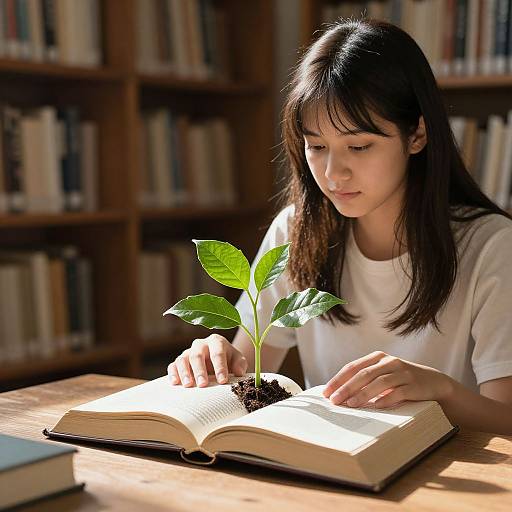 Photograph of an Asian woman with straight black hair, wearing a white shirt, planting a green plant in an open book on a wooden table in a