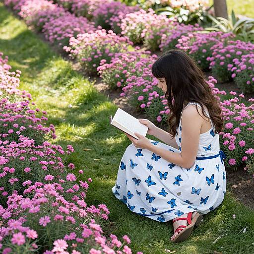 Photograph of a woman with long brown hair, wearing a white butterfly-patterned dress and red sandals, kneeling in a vibrant pink flower garden, reading