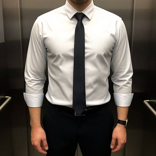 Photograph of a man in a white, button-up, striped shirt with black tie, black pants, and black watch, standing against a dark,