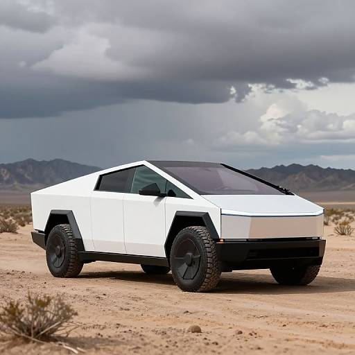 Photograph of a sleek, white, geometric, futuristic off-road vehicle with black wheels and windows, set against a desert landscape with mountains and cloudy sky
