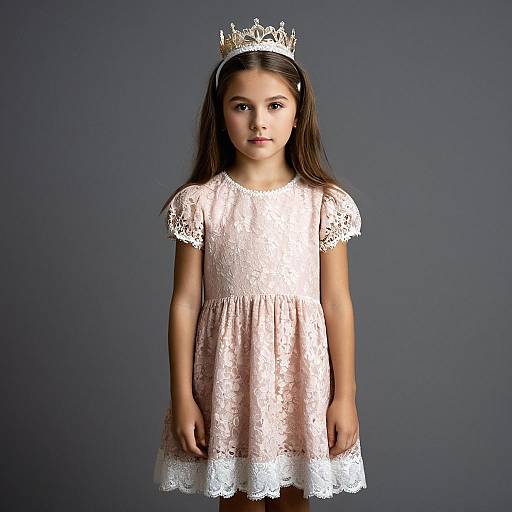 Young Girl in Light Pink Lace Dress with Crown Headband