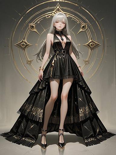 Elegant Woman in Black and Gold Evening Dress