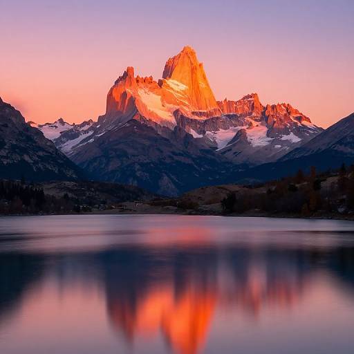 Photograph of a majestic mountain peak bathed in pink and orange sunset light, reflected in a calm, mirror-like lake below.