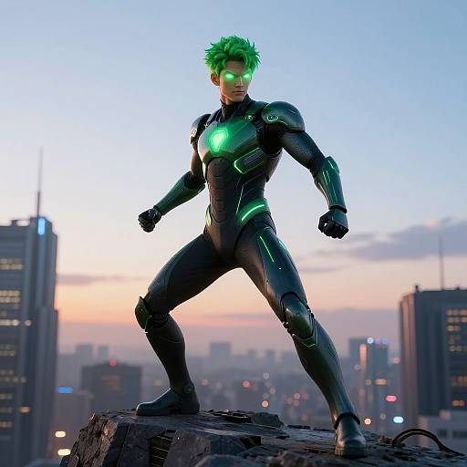 CGI image of a muscular, green-haired, green-eyed superhero with glowing green chest emblem, standing in a powerful pose on rooftop at sunset, futuristic