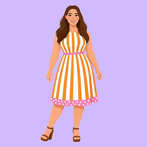 Digital illustration of a smiling, curvy woman with long brown hair, wearing a sleeveless orange and white striped dress with pink polka dot hem,