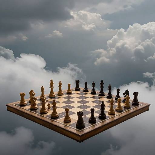 Photograph of a floating chessboard with black and white pieces against a dramatic cloudy sky backdrop, creating a surreal, heavenly atmosphere.