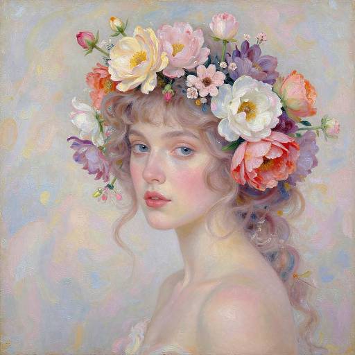 Digital painting of a fair-skinned, blue-eyed woman with wavy blonde hair, wearing a vibrant floral crown of pink, white, and yellow flowers