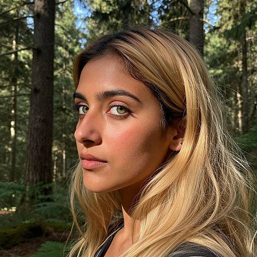 Photograph of a young woman with light brown skin, green eyes, and blonde hair, standing in a sunlit forest. She wears a black top