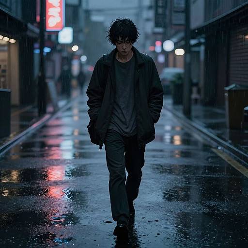 Photograph-style digital art of a moody, disheveled young man in a rain-soaked alley at night, wearing a dark jacket and pants