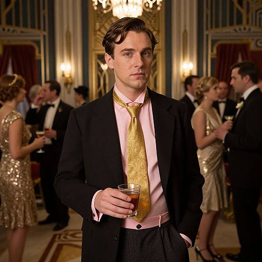Photograph of a serious, fair-skinned man with dark hair, wearing a black suit, pink shirt, and gold patterned tie, holding a