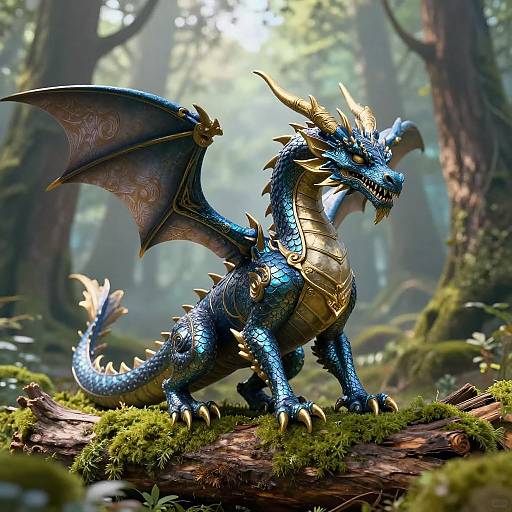 Digital artwork of a blue dragon with golden scales and wings, standing on a moss-covered log in a sunlit forest.