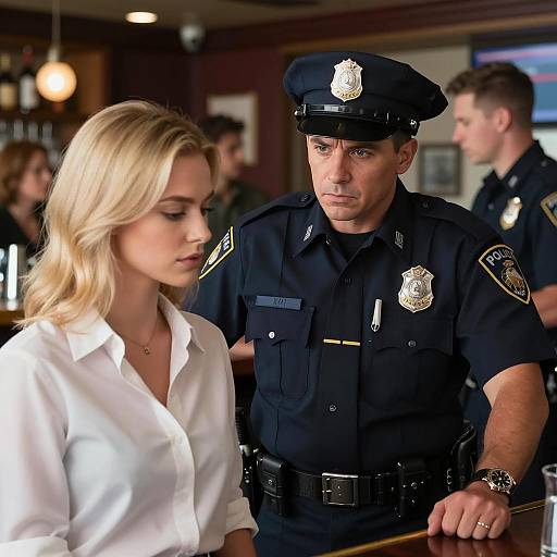 Police Officer Talking to Blonde Woman in Bar