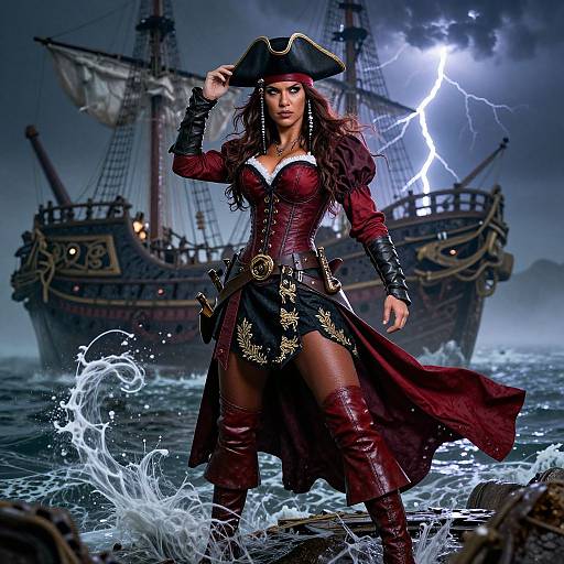 Digital artwork of a fierce, red-haired pirate woman in a maroon corset, black hat, and boots, standing on splashing waves with a