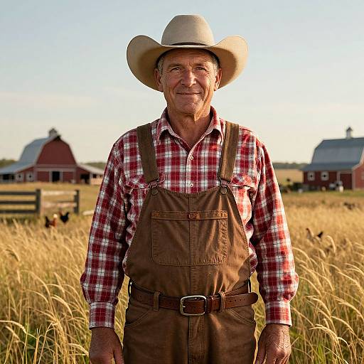 Photograph of an elderly, smiling man in a beige cowboy hat, red plaid shirt, and brown overalls, standing in a golden wheat field