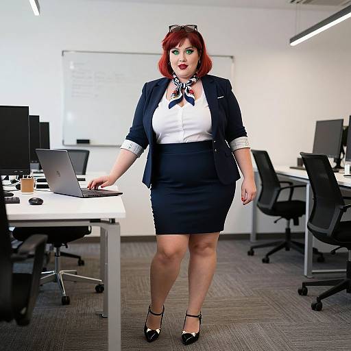 Photograph of a confident, curvy woman with red hair, wearing a black blazer, white blouse, black skirt, and heels, standing in