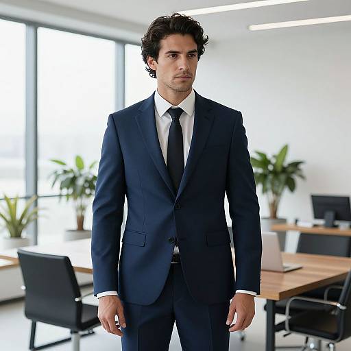 Photograph of a handsome, dark-haired man in a navy suit, white shirt, and black tie, standing in a modern, bright office with large
