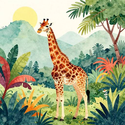 Watercolor illustration of a tall, spotted giraffe standing in a vibrant, lush jungle with various colorful plants and a bright sun.
