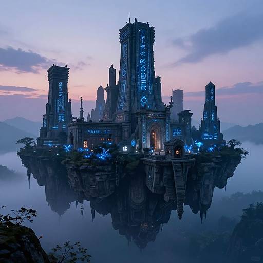 Digital artwork of a futuristic, blue-lit, floating city with towering structures labeled 