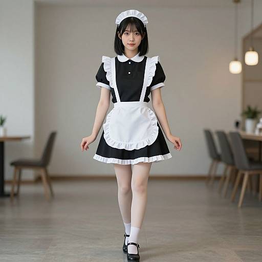 Digital image of an Asian woman in a classic black and white French maid outfit, standing in a modern, minimalist dining room.