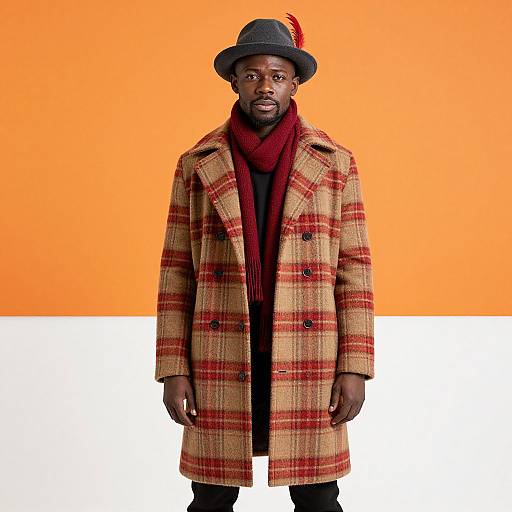 Photograph of a Black man with a beard, wearing a plaid red and beige coat, maroon scarf, black hat with red feather, standing