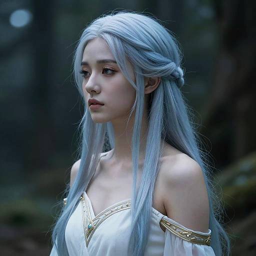 Photograph of a young woman with long, silver-blue hair in an off-shoulder white dress with gold trim, standing in a dark, forest