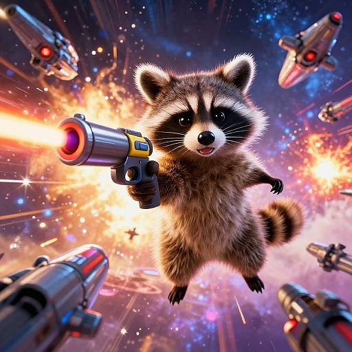 Digital artwork of a cute, fluffy raccoon with a gun, flying amidst a space battle with exploding rockets and colorful stars.