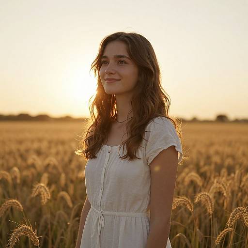 Photograph of a smiling young woman with wavy brown hair, wearing a white short-sleeved dress, standing in a golden wheat field at sunset