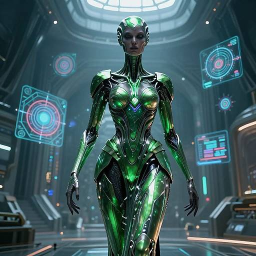 CGI image of a futuristic, green-lit, humanoid robot woman with sleek, metallic armor, standing confidently in a high-tech, neon-lit