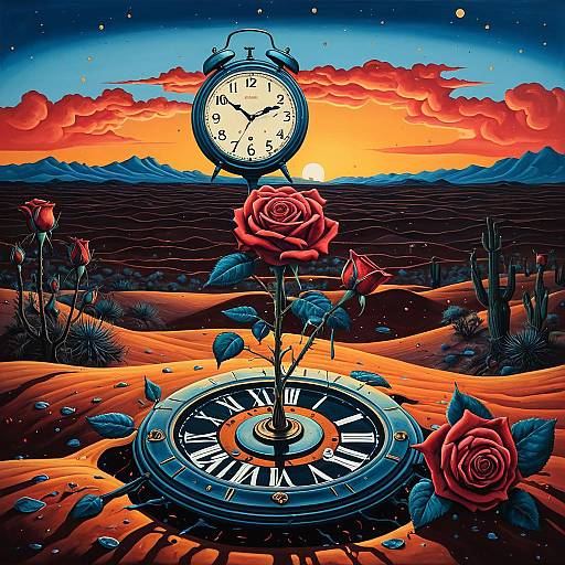 Surreal Desert Rose and Clocks at Dusk