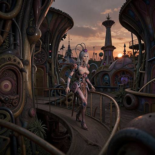Steampunk cyberpunk fantasy illustration: A silver-haired, topless, cyber-enhanced woman in futuristic armor stands on a winding metal bridge, surrounded