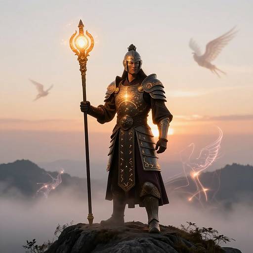 Epic fantasy illustration: armored warrior with glowing staff stands on rocky peak, surrounded by ethereal birds and misty mountains at sunset.