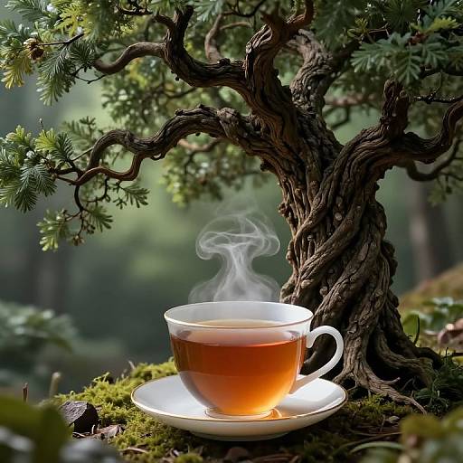Photograph of a steaming teacup on a white saucer, placed under a twisted, green-leaved tree in a lush forest.