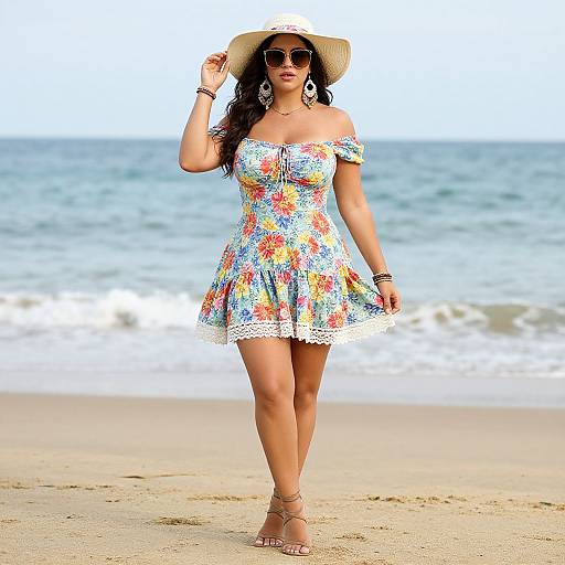 Photograph of a curvy woman with long dark hair, wearing a floral off-shoulder dress, straw hat, sunglasses, and sandals, walking