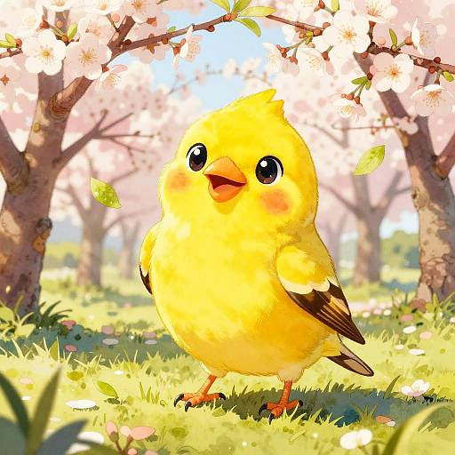Cheerful Yellow Canary in Spring Orchard