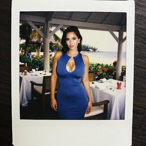 Photograph of a curvy woman with dark hair in a blue, sleeveless dress with a keyhole neckline, standing in a tropical outdoor restaurant with