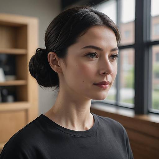 Portrait of Woman in Black T-shirt by Window