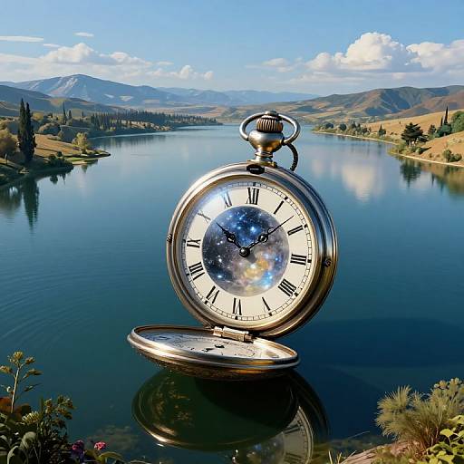 Photograph of a reflective, antique pocket watch with Roman numerals, open, standing by a serene, mountainous lake under a clear blue sky.