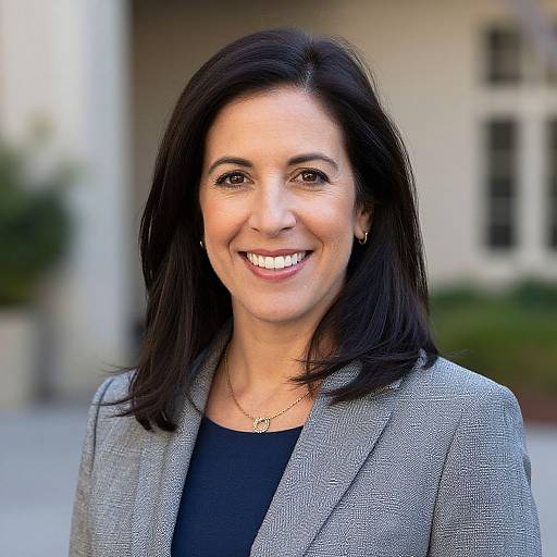 Photograph of a smiling middle-aged woman with dark hair, wearing a gray blazer and black top, standing outdoors with blurred background.