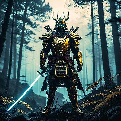 Futuristic Samurai Warrior in Neon Forest