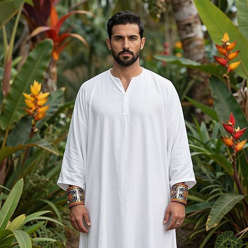 Photograph of a bearded South Asian man with dark hair, wearing a white traditional kurta adorned with colorful embroidery, standing in a lush tropical garden