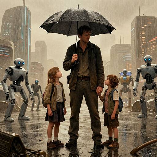 Dystopian Family Under Rain Umbrella
