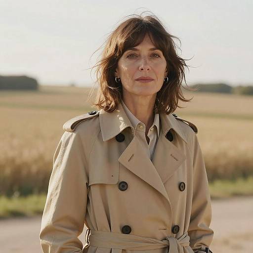 Middle-aged Woman with Shag Cut in Trench Coat