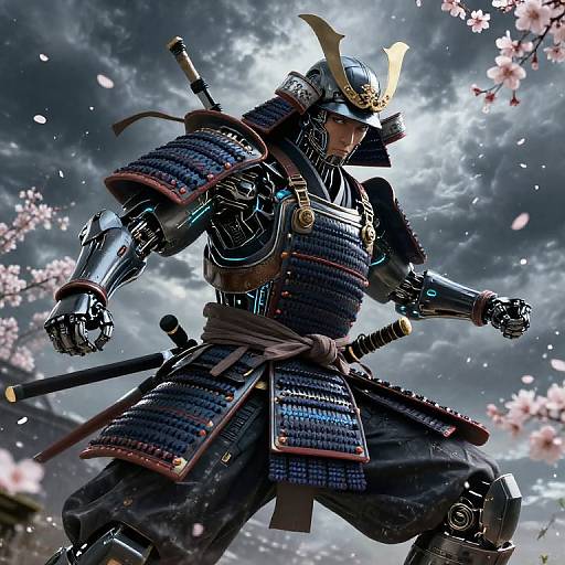 Digital artwork of a samurai warrior in detailed, dark blue armor with metallic accents, standing confidently amidst cherry blossom petals and a cloudy sky. He w