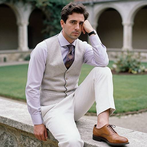 Photograph of a handsome, dark-haired man in a grey vest, white shirt, tie, white pants, and brown shoes, sitting on a stone