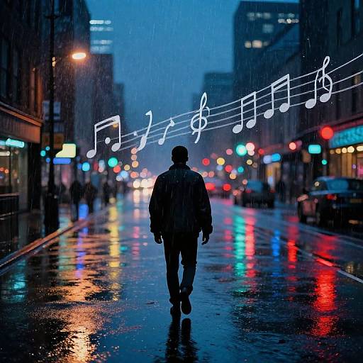 Photograph of a silhouette of a person walking down a rain-soaked city street at night, with glowing musical notes overhead and colorful reflections on the wet