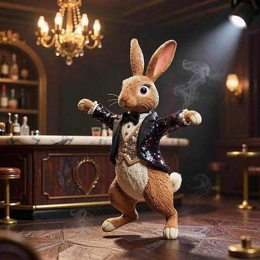 CGI image of a dancing anthropomorphic rabbit in a sequined black tuxedo, standing on a polished wooden bar floor, with a chandelier
