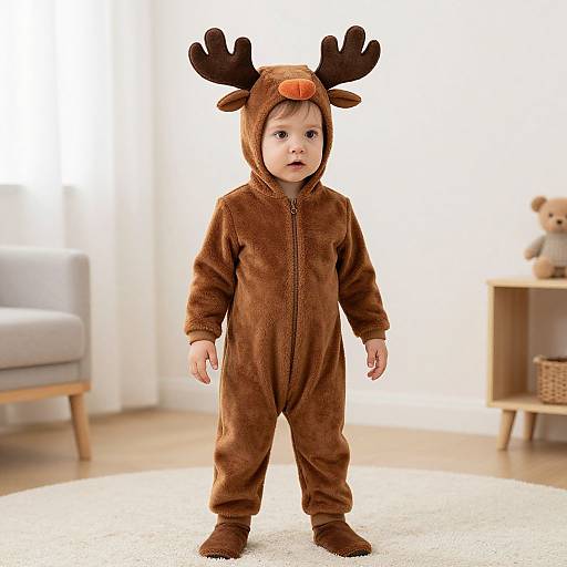 Photograph of a baby in a brown reindeer onesie with antlers and nose, standing in a bright, modern living room.