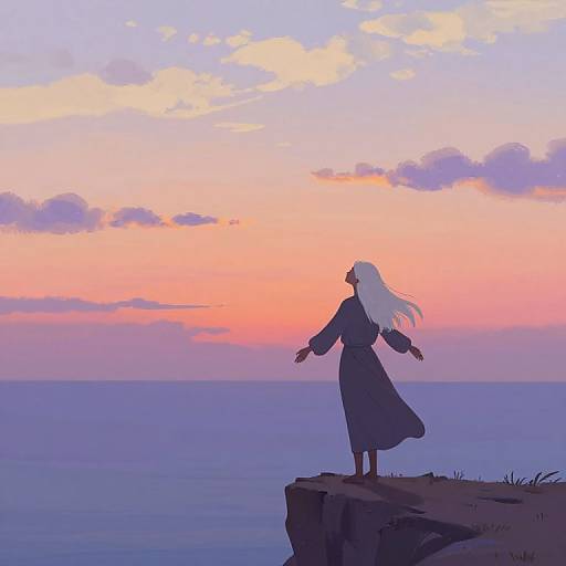 Digital anime-style drawing of a long-haired woman in a flowing dress standing on a cliff at sunset, arms outstretched, with a pastel sky